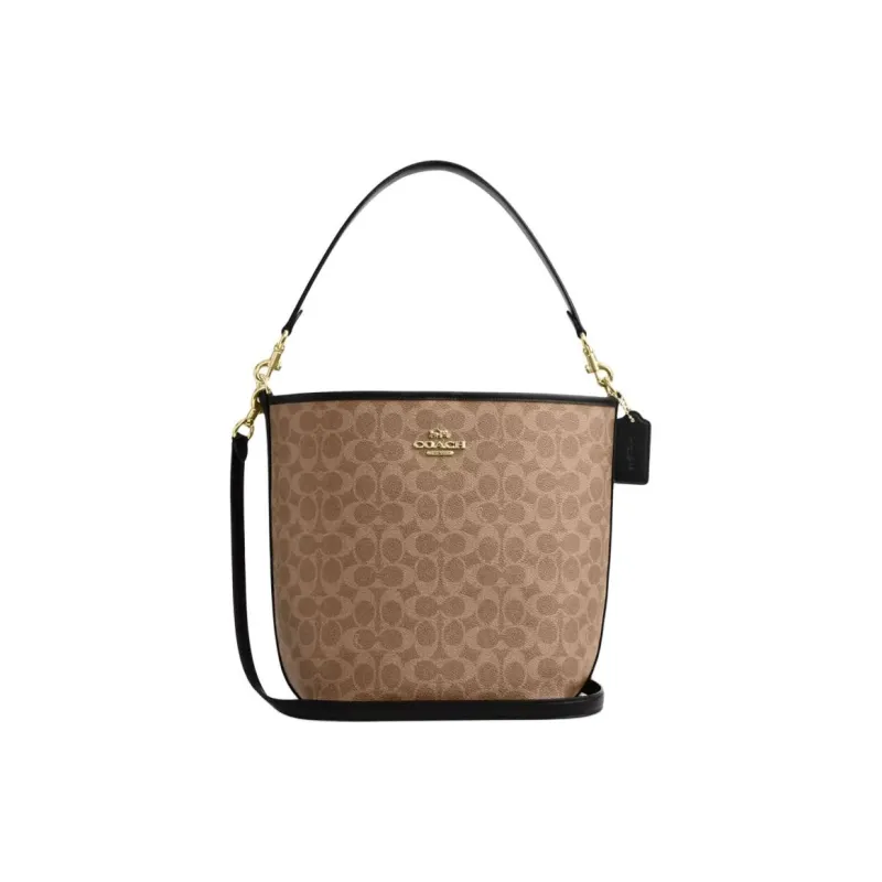 COACH City Signature Canvas Handbag Shoulder Bag Small Size Women's Tan & Black-0