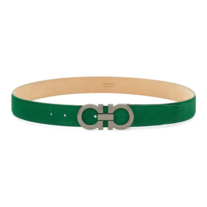 FERRAGAMO Logo Design Smooth Buckle Suede Leather Belts Women's Green Width 3.3CM-0