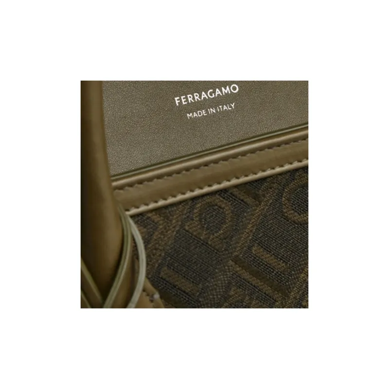 FERRAGAMO Fabric With Calfskin Tote Bag Shopping Bag Handbag Large Size Men's Olive Green-5