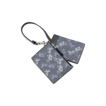 COACH Lanyard Leather ID Holder Coin Card Two Piece Set Card Holder Mini Women's Blue