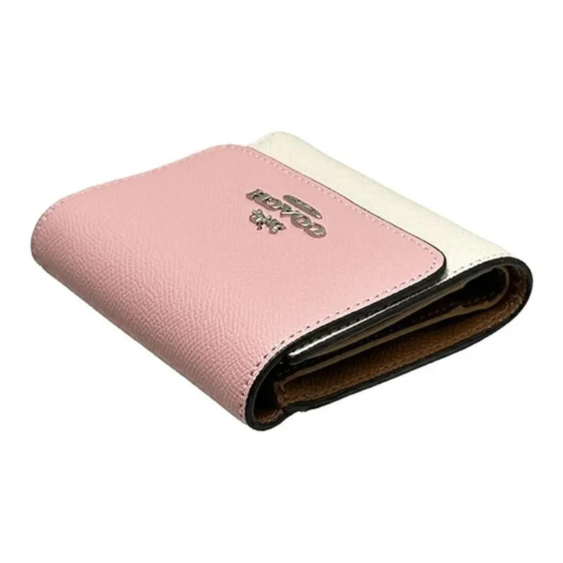COACH Trifold Wallet Cross-Stitch Leather Card Holder Wallet Women's Pink & White-5