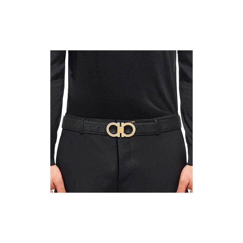 FERRAGAMO Gold And Silver Double Buckle, Smooth Buckle Cow Leather Belts Men's-4