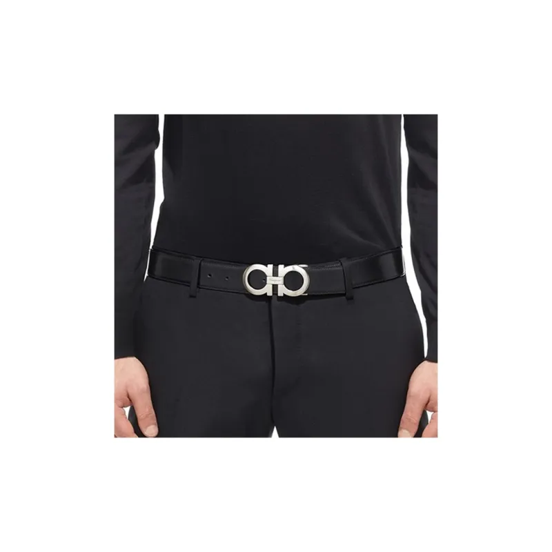 FERRAGAMO Cow Leather Belts Men's Black/Coffee Width 3.5cm-3