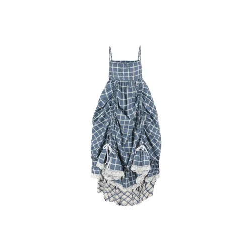 Selkie Slip Dresses Women's Navy Blue Plaid Tea Towel Print