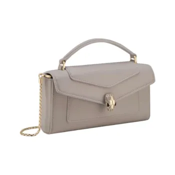 BVLGARI Lacquered Finish Calfskin Portable One Shoulder Crossbody Cell Phone Pouch Women's Gray