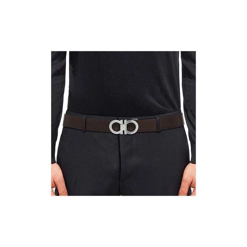 FERRAGAMO Gold And Silver Double Buckle, Smooth Buckle Cow Leather Belts Men's-5