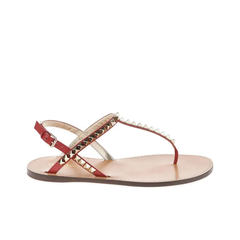 Valentino ROCKSTUD One Strap Sandals Women's Brown Red-1