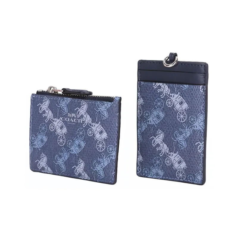 COACH Lanyard Leather ID Holder Coin Card Two Piece Set Card Holder Mini Women's Blue-3