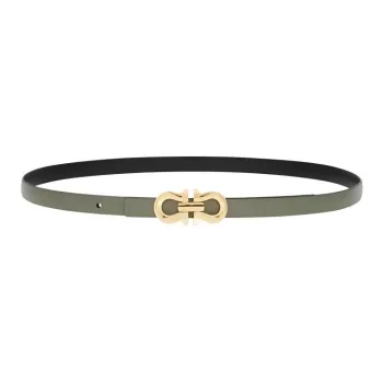 FERRAGAMO Logo Identification Calfskin Leather Belts Women's Gray/Black Width 1.5CM
