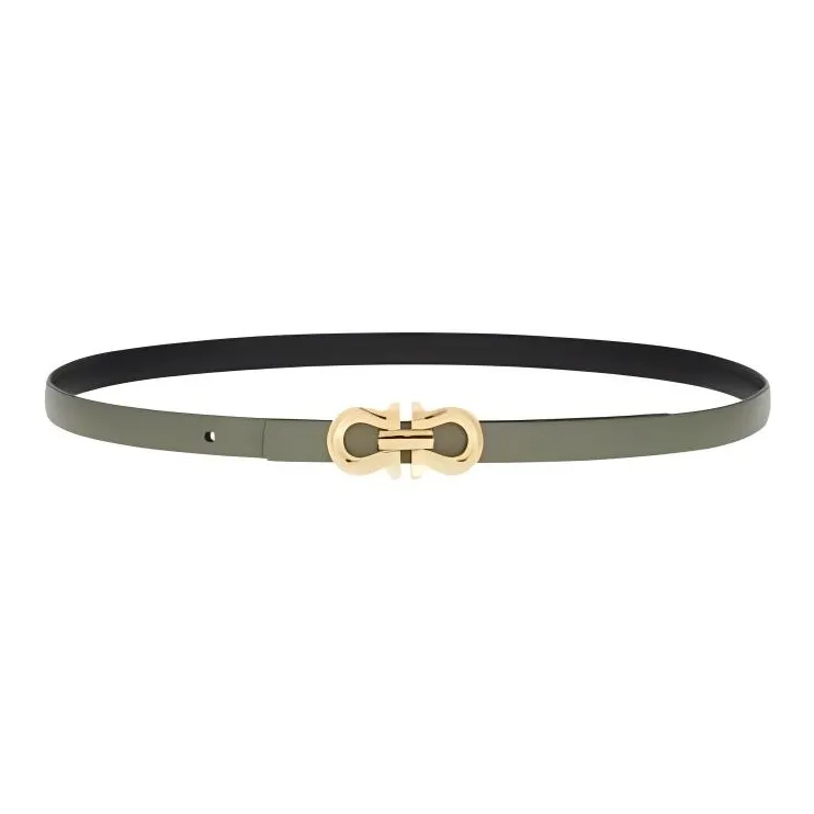 FERRAGAMO Logo Identification Calfskin Leather Belts Women's Gray/Black Width 1.5cm-0