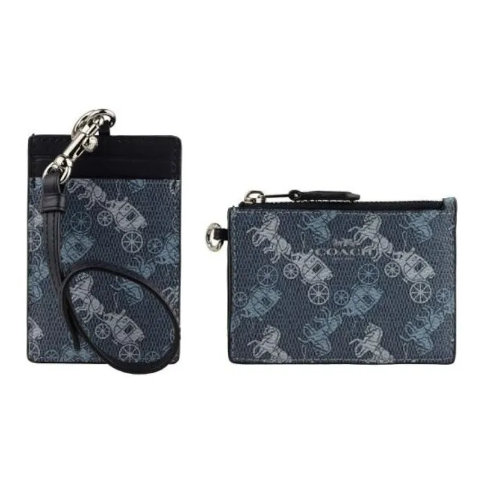 COACH Lanyard Leather ID Holder Coin Card Two Piece Set Card Holder Mini Women's Blue-5