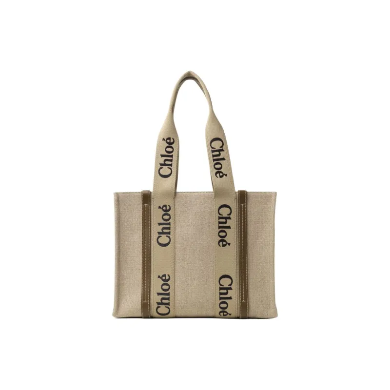 Chloe Woody Linen Tote Bag Shopping Bag Shoulder Bag Handbag Women's Khaki-2