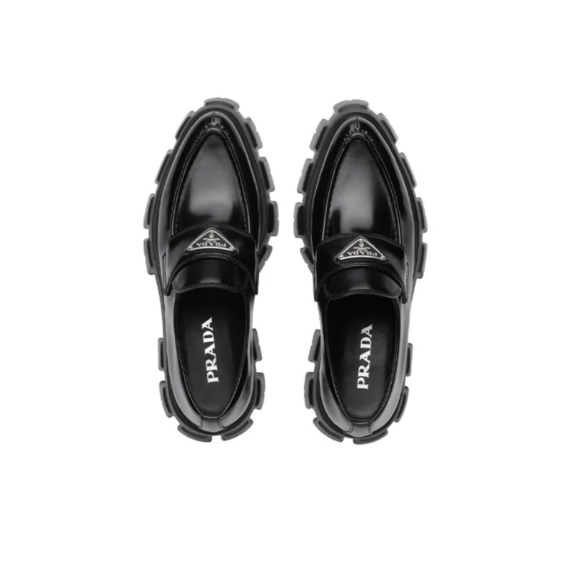 PRADA Monolith 55mm Pointy Loafer Black Brushed Leather Women's-4