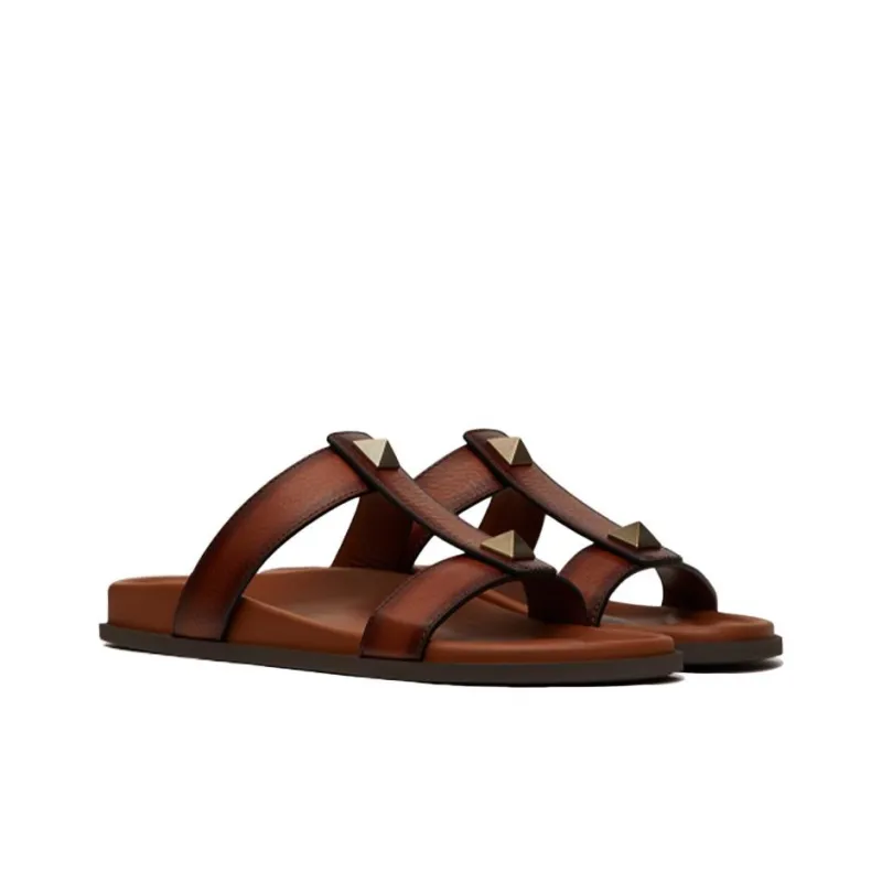 Valentino Roman Stud Slide Slippers Men's Brown-2