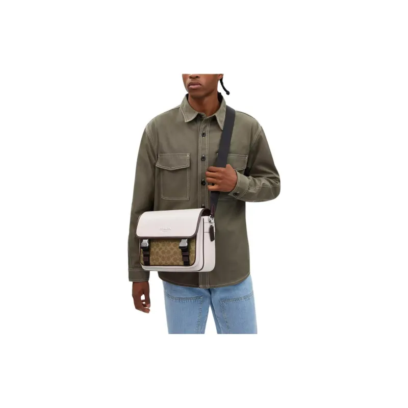 COACH Coated Canvas With Smooth Calfskin Messenger Bag, Shoulder Bag, Crossbody Bag Men's Chalk & Tan-3
