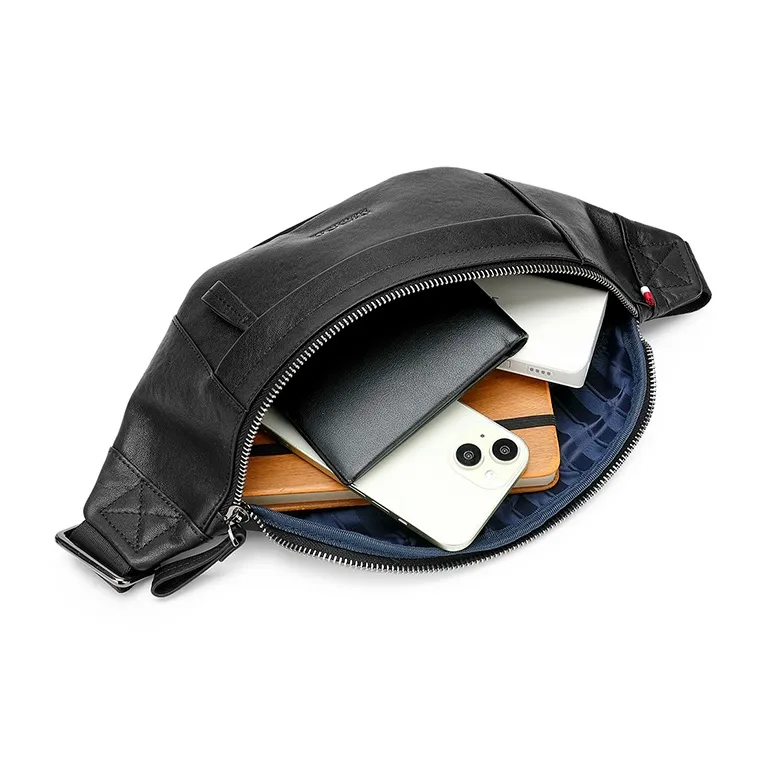 FAIRWHALE Top Grain Cow Leather Waist Bag Chest Bag Men's Black-4