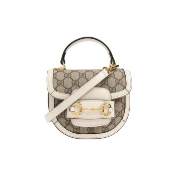 GUCCI Horsebit 1955 Canvas With Leather Canvas Bag One Shoulder Handbag Mini Women's Beige