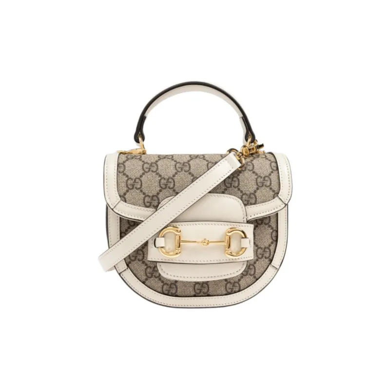 GUCCI Horsebit 1955 Canvas With Leather Canvas Bag One Shoulder Handbag Mini Women's Beige-0