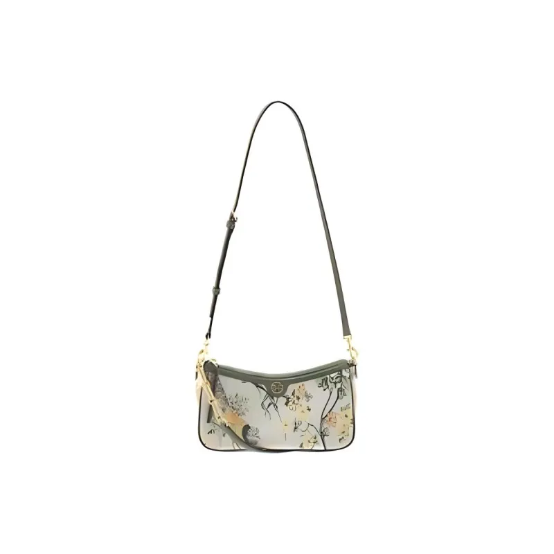 TORY BURCH T Monogram Brocade With Leather Shoulder Bag, Portable, After School Shoulder Bag Women's Winter Saint White-1