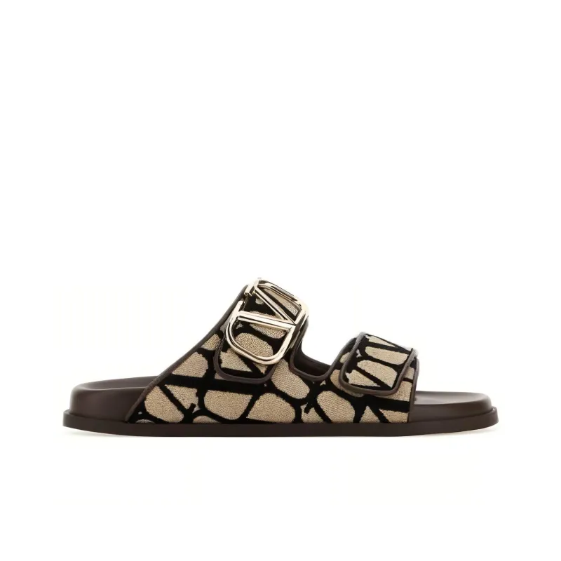Valentino Women's Toile Iconographe Double Strap Sandal 'VLogo - Brown'-1