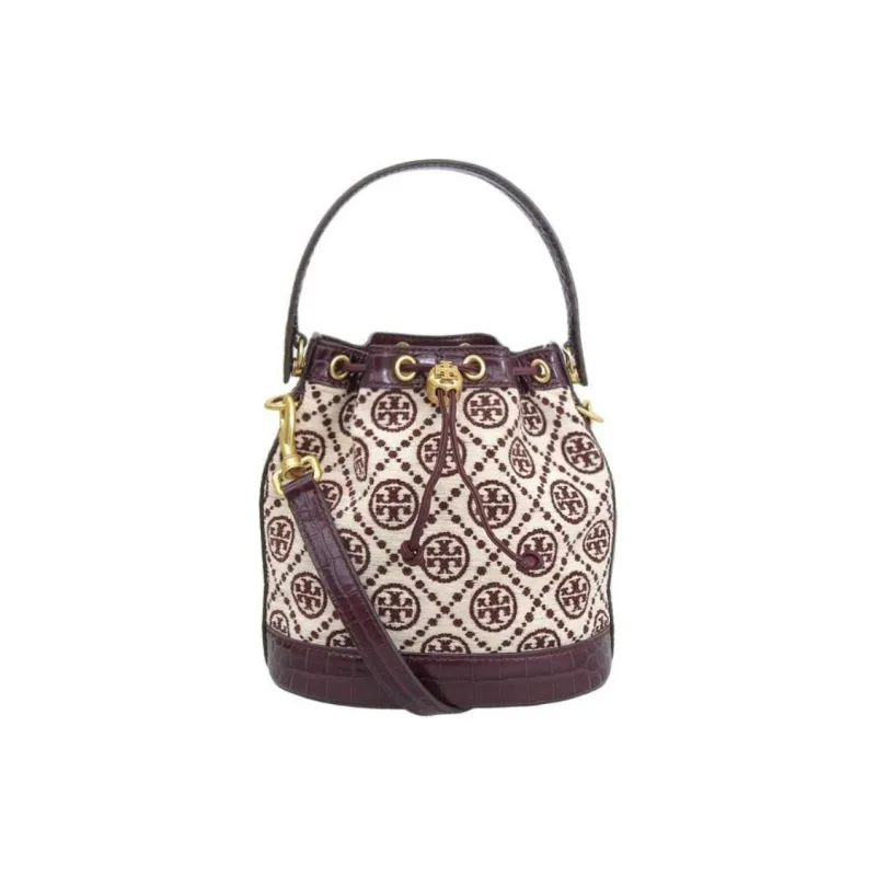 TORY BURCH TB T Monogram Chenille Fabric Bucket Bag, Crossbody Handbag Regular Women's Dark Red/Cream Yellow-0