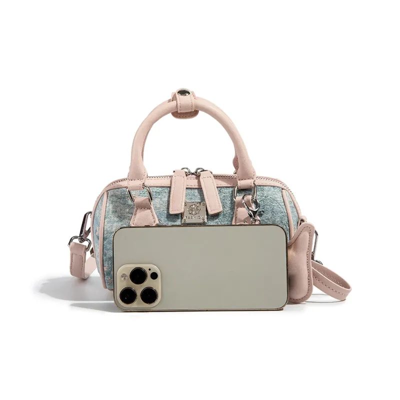 CAEISL&KCIEL Polyurethane Synthetic Leather Handbag Women's Blue And White Embroidered Pink-1