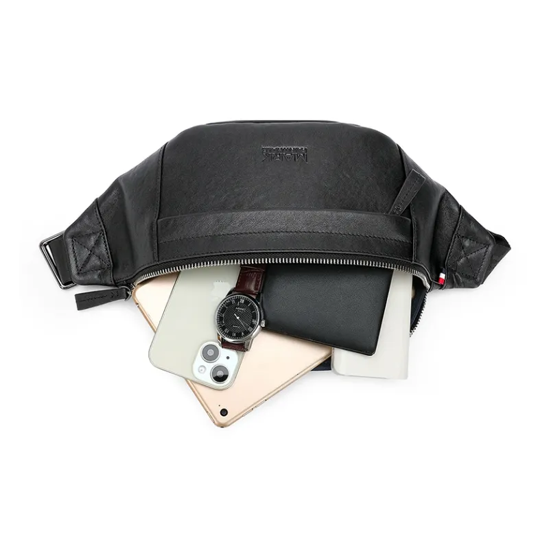 FAIRWHALE Top Grain Cow Leather Waist Bag Chest Bag Men's Black-5