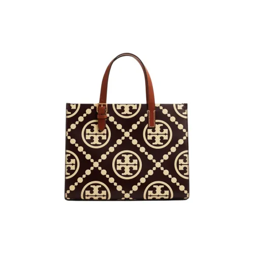 TORY BURCH T Monogram Leather Tote Bag, Shopping Bag, Shoulder Bag, Handbag Trumpets Women's Berry Red