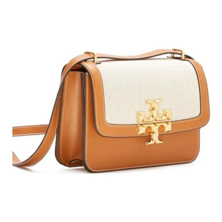 TORY BURCH Eleanor Cow Leather Canvas Shoulder Bag, Crossbody Bag Regular Women's Brown/Beige-1