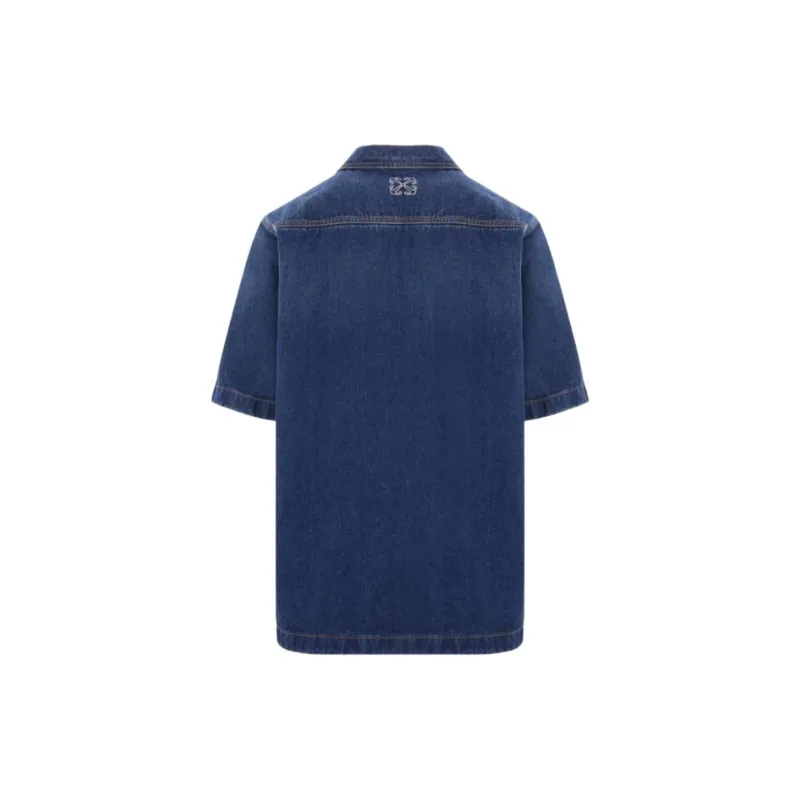 OFF WHITE Logo Embroidered Short Sleeved Denim Shirt-1
