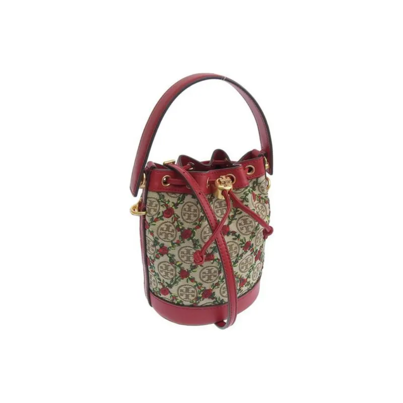 TORY BURCH T Monogram Embroidery Canvas Bucket Bag, Crossbody Handbag Mini Women's Hazelnut Brown/Red-4