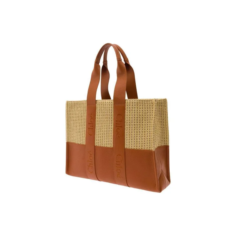 Chloe Woody Raffia With Leather Tote Bag Shopping Bag Handbag Women's Light Brown-1
