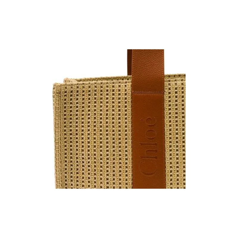 Chloe Woody Raffia With Leather Tote Bag Shopping Bag Handbag Women's Light Brown-4