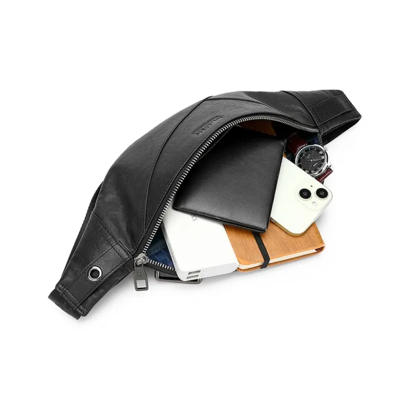 FAIRWHALE Top Grain Cow Leather Waist Bag Chest Bag Regular Men's Black-3