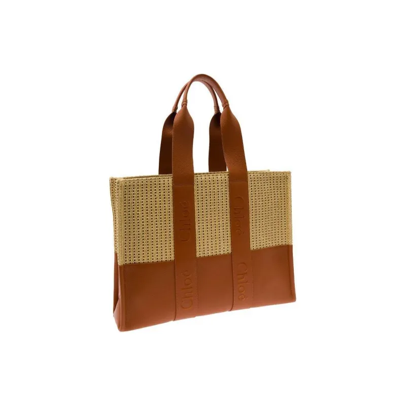 Chloe Woody Raffia With Leather Tote Bag Shopping Bag Handbag Women's Light Brown-3