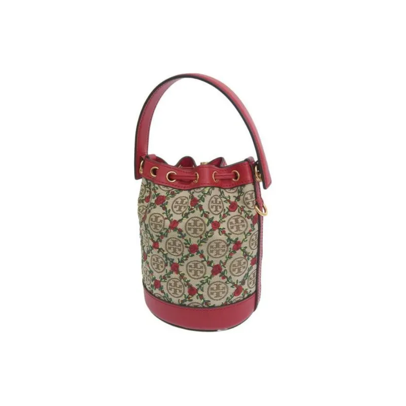 TORY BURCH T Monogram Embroidery Canvas Bucket Bag, Crossbody Handbag Mini Women's Hazelnut Brown/Red-5