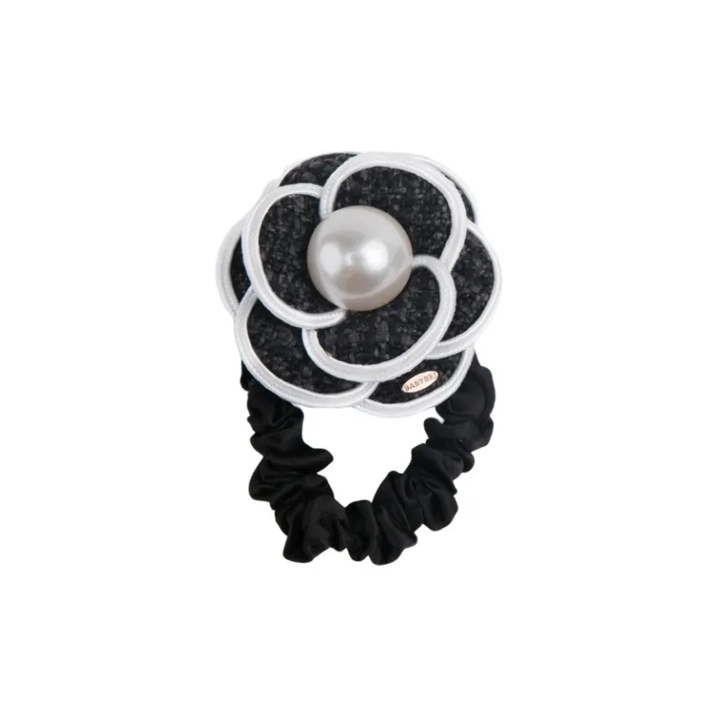 BABYBEI Tweed Head Rope Temperament French Camellia Black Beige Hair Accessories Women's-5
