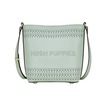 Hush Puppies Cow Split Leather Bucket Bags Shoulder Bag Crossbody Bag Medium Size Women's Light Green/Ecru/Brown