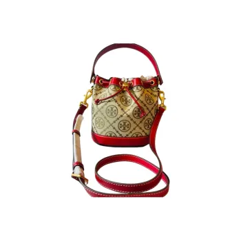 TORY BURCH T Monogram Jacquard Fabric With Calfskin Bucket Bags Crossbody Bags Handbags Women's Hazelnut Brown Red