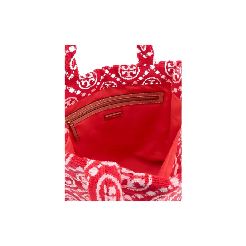TORY BURCH T Monogram Cotton With Jacquard Tote Bag, Shopping Bag, Handbag, Shoulder Bag Women's Red-3