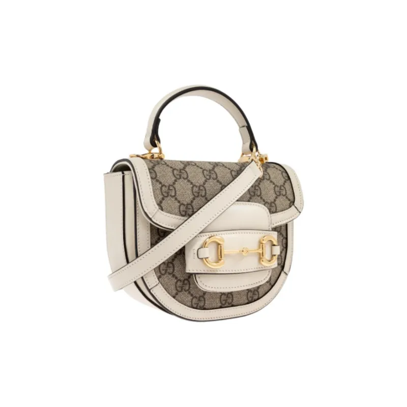 GUCCI Horsebit 1955 Canvas With Leather Canvas Bag One Shoulder Handbag Mini Women's Beige-1
