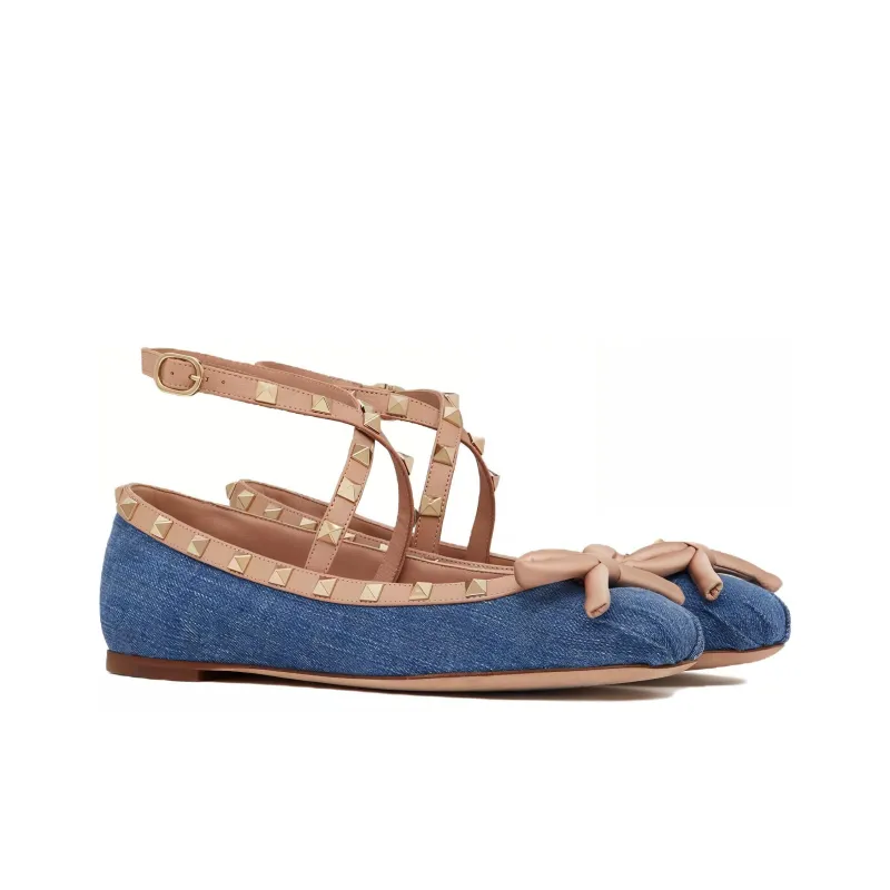 Valentino Garavani Rockstud Round Toe Denim Ballerina Shoes Women's-1