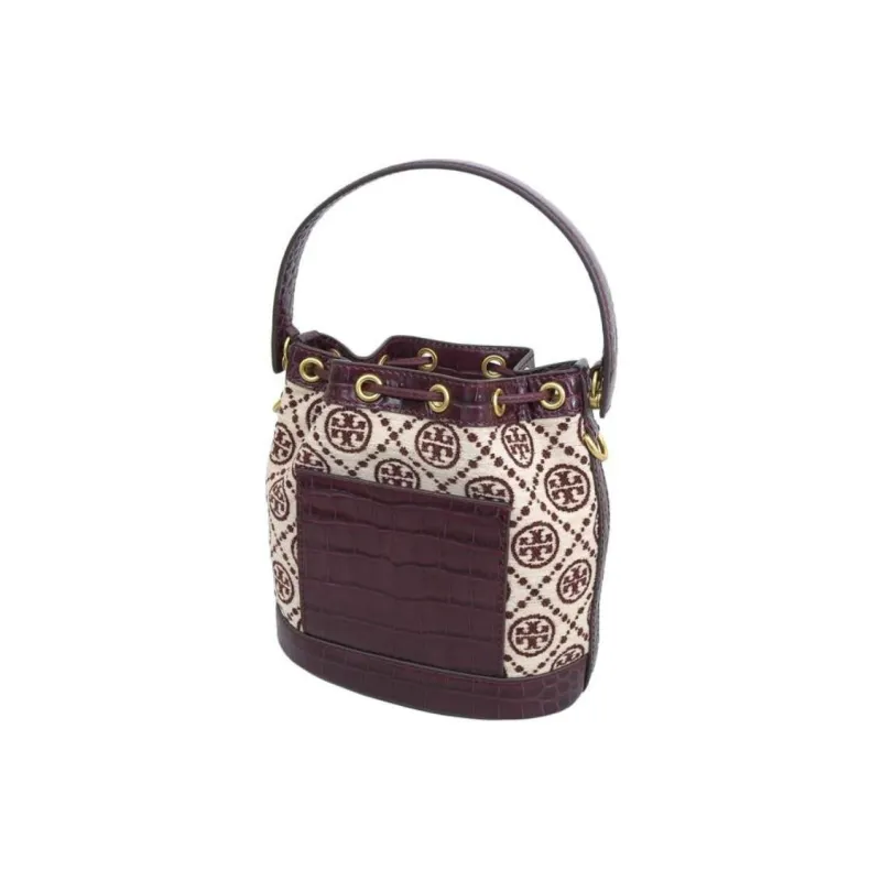 TORY BURCH TB T Monogram Chenille Fabric Bucket Bag, Crossbody Handbag Regular Women's Dark Red/Cream Yellow-3