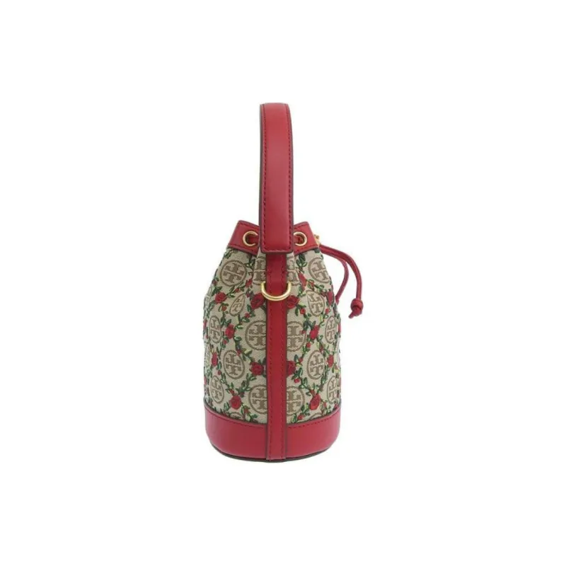 TORY BURCH T Monogram Embroidery Canvas Bucket Bag, Crossbody Handbag Mini Women's Hazelnut Brown/Red-3