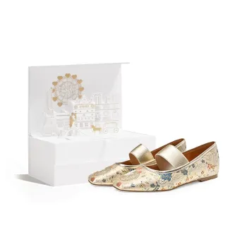 PJJUU Casual Single Shoes 1cm Women's Floral Apricot Gold Castle Box Included