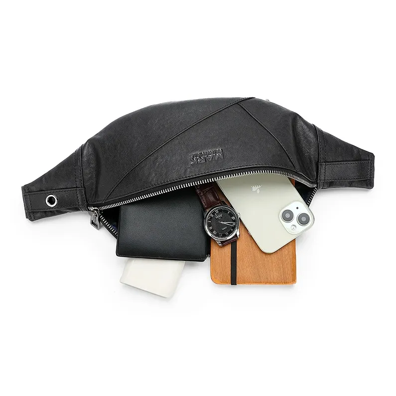 FAIRWHALE Top Grain Cow Leather Waist Bag Chest Bag Regular Men's Black-4