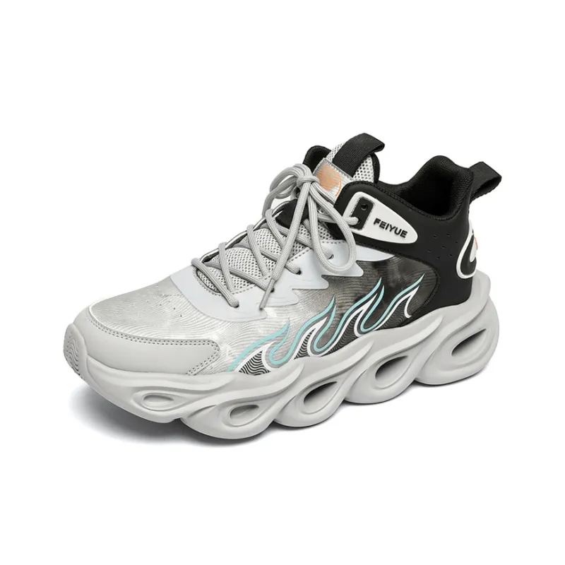 Feiyue Cushioning Breathable Mid-Top Chunky Sneakers Men's Gray Black-2