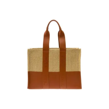 Chloe Woody Raffia With Leather Tote Bag Shopping Bag Handbag Women's Light Brown