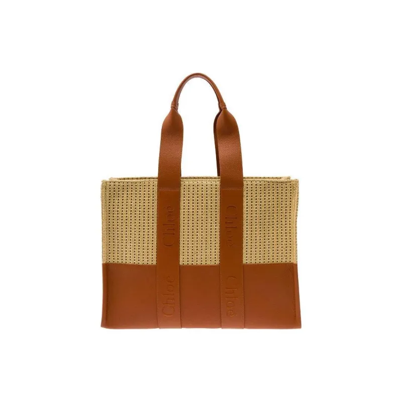 Chloe Woody Raffia With Leather Tote Bag Shopping Bag Handbag Women's Light Brown-0