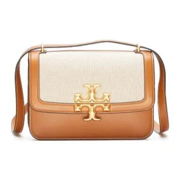 TORY BURCH Eleanor Cow Leather Canvas Shoulder Bag, Crossbody Bag Regular Women's Brown/Beige